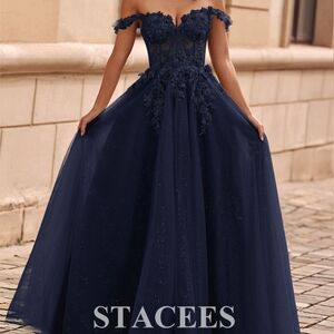 Blue Embellished Off-Shoulder Ballgown Prom Dress